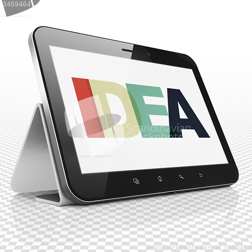 Image of Marketing concept: Tablet Computer with Idea on  display