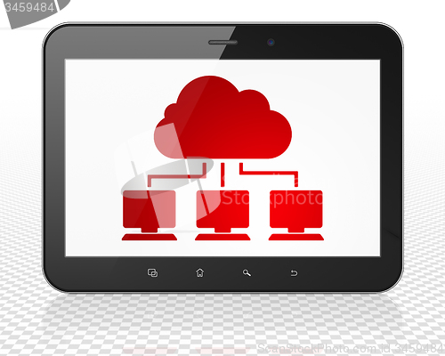 Image of Cloud technology concept: Tablet Pc Computer with Cloud Network on display