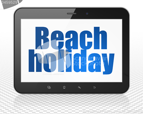 Image of Travel concept: Tablet Pc Computer with Beach Holiday on display