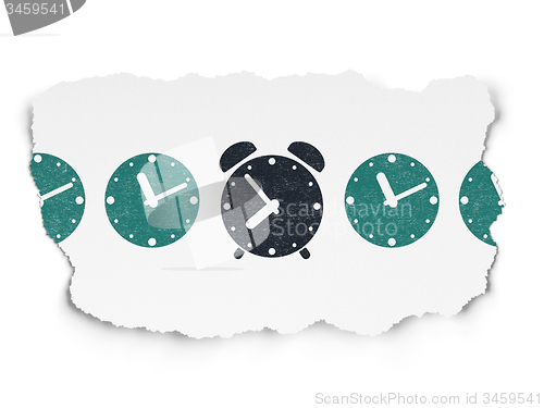 Image of Timeline concept: alarm clock icon on Torn Paper background