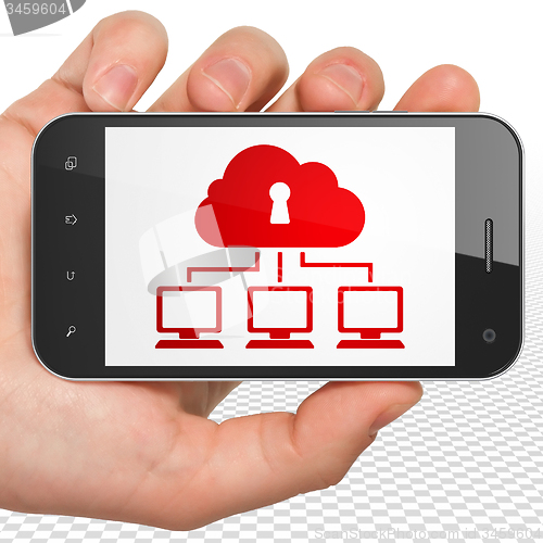 Image of Cloud computing concept: Hand Holding Smartphone with Cloud Network on display