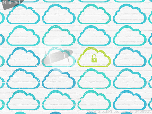 Image of Cloud networking concept: cloud with padlock icon on wall background