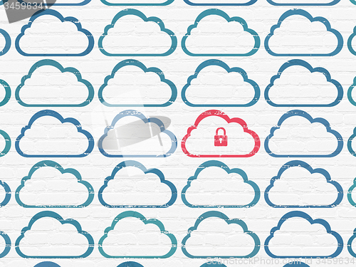 Image of Cloud computing concept: cloud with padlock icon on wall background