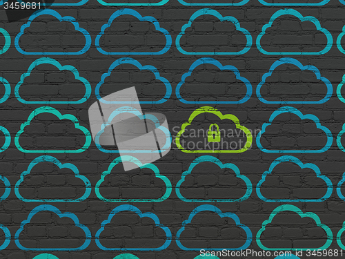 Image of Cloud computing concept: cloud with padlock icon on wall background