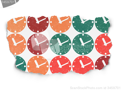 Image of Timeline concept: Clock icons on Torn Paper background