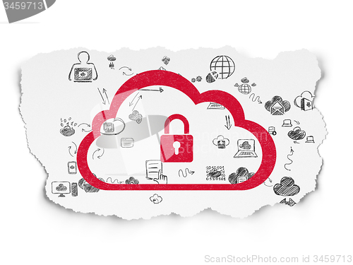 Image of Cloud networking concept: Cloud With Padlock on Torn Paper background