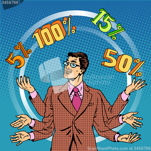 Image of Promotions discounts sale businessman juggling cent