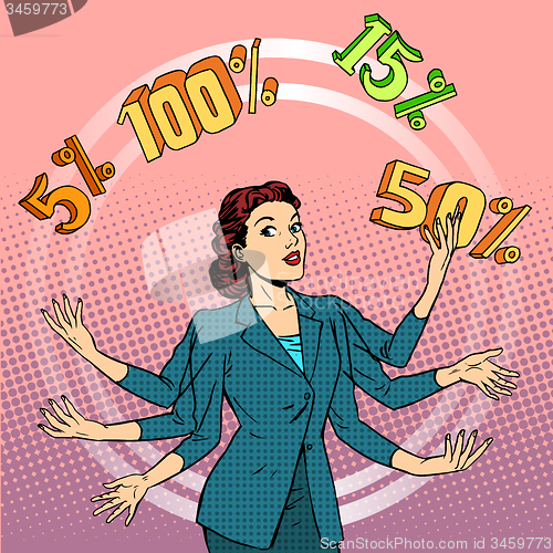 Image of Promotions discounts sale businesswoman juggling cent