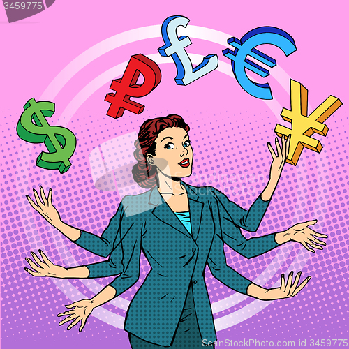 Image of businesswoman juggling money business concept