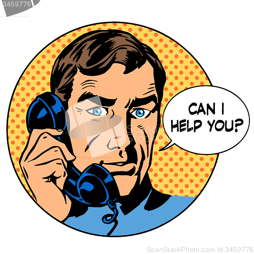 Image of Can i help you man phone question online support business concep