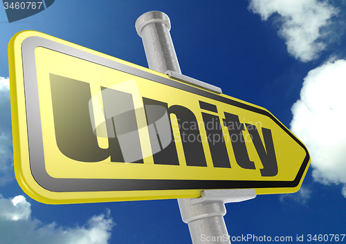 Image of Yellow road sign with unity word under blue sky