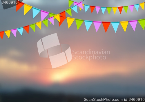 Image of Party flags celebrate abstract background and sunset landscape