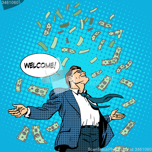 Image of business concept success businessman flying money