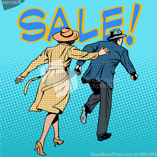 Image of family running sale retro style pop art