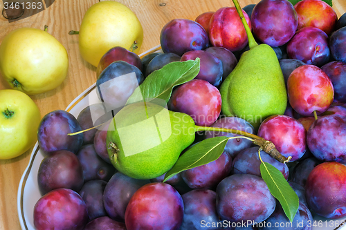 Image of Fruit in a ceramic dish on a wooden table.