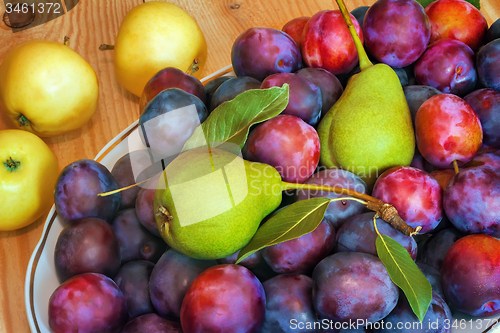 Image of Fruit in a ceramic dish on a wooden table.