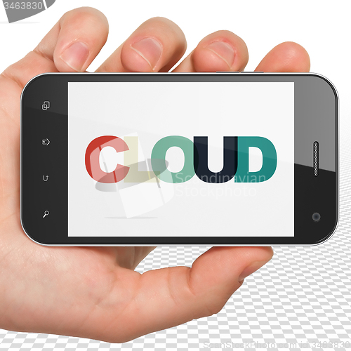 Image of Cloud networking concept: Hand Holding Smartphone with Cloud on  display
