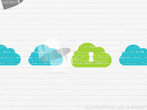 Image of Cloud computing concept: cloud with keyhole icon on wall background