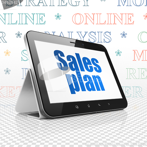 Image of Marketing concept: Tablet Computer with Sales Plan on display