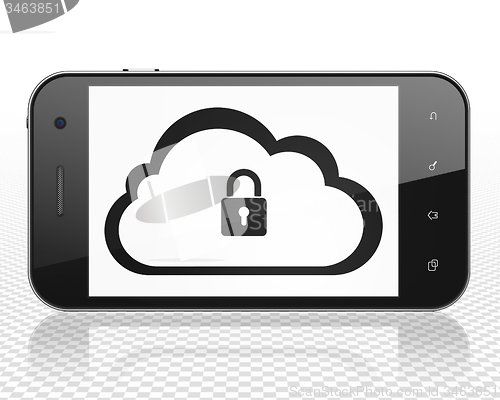 Image of Cloud technology concept: Smartphone with Cloud With Padlock on display