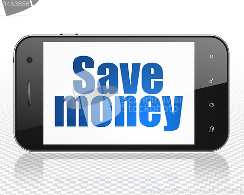 Image of Currency concept: Smartphone with Save Money on display
