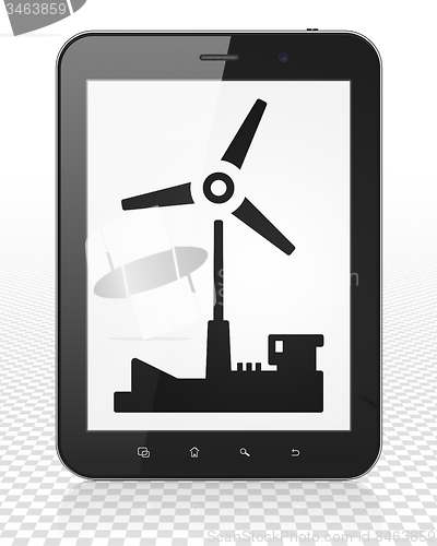 Image of Manufacuring concept: Tablet Pc Computer with Windmill on display