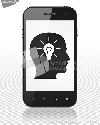 Image of Information concept: Smartphone with Head With Light Bulb on display