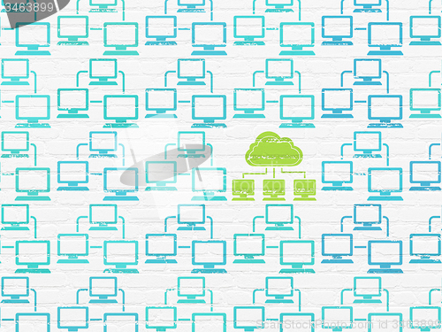 Image of Cloud technology concept: cloud network icon on wall background