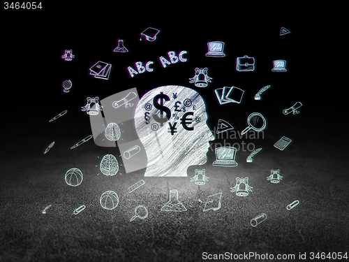 Image of Studying concept: Head With Finance Symbol in grunge dark room