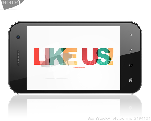 Image of Social media concept: Smartphone with Like us! on  display