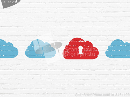 Image of Cloud technology concept: cloud with keyhole icon on wall background