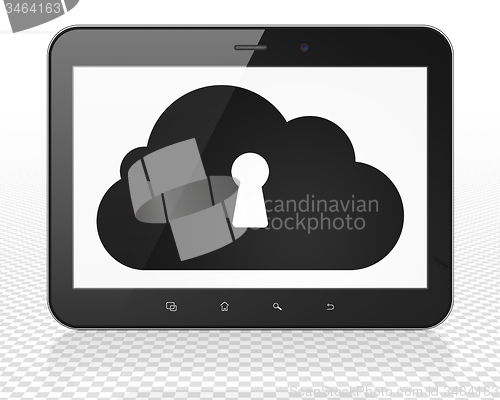 Image of Cloud technology concept: Tablet Pc Computer with Cloud With Keyhole on display
