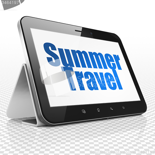 Image of Travel concept: Tablet Computer with Summer Travel on display