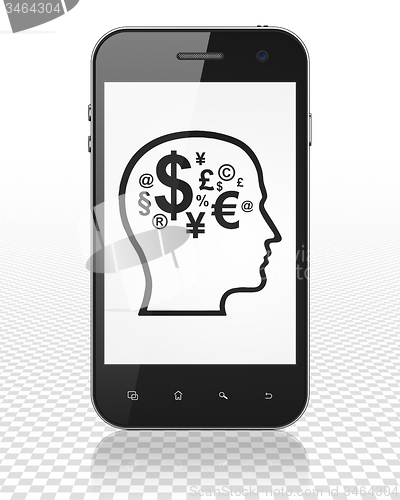 Image of Education concept: Smartphone with Head With Finance Symbol on display