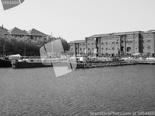 Image of Black and white West India Quay in London