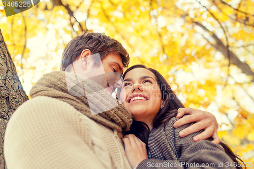 Image of smiling couple hugging in autumn park