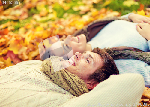 Image of close up of smiling couple lying in autumn park