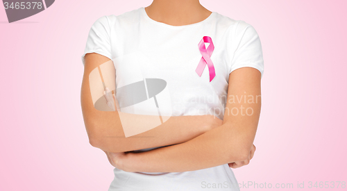 Image of close up of woman with pink cancer awareness ribbon
