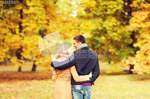 Image of smiling couple hugging in autumn park from back