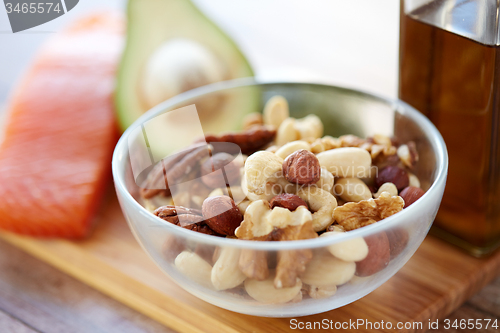 Image of close up of nut mix in glass bowl on table