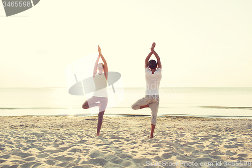 Image of couple making yoga exercises outdoors from back