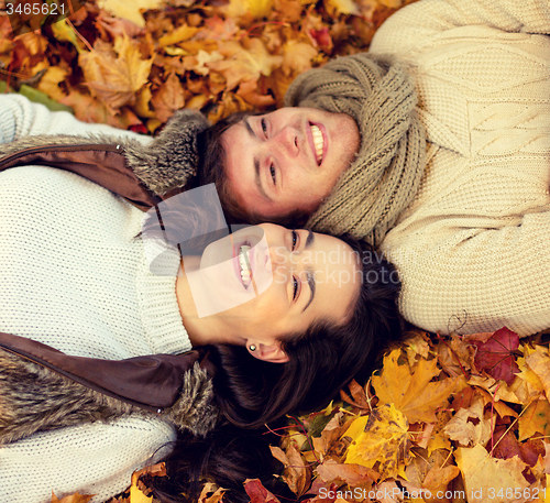 Image of close up of smiling couple lying in autumn park