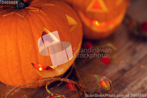 Image of close up of pumpkins on table