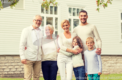 Image of happy family in front of house outdoors