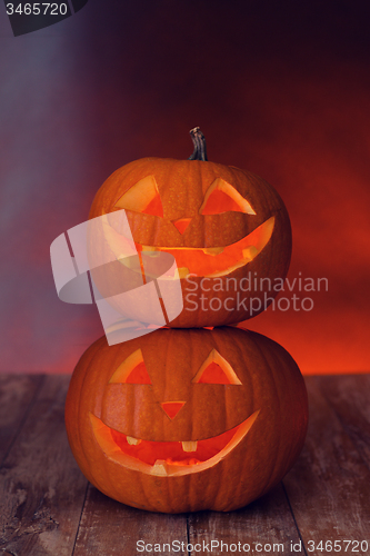 Image of close up of pumpkins on table