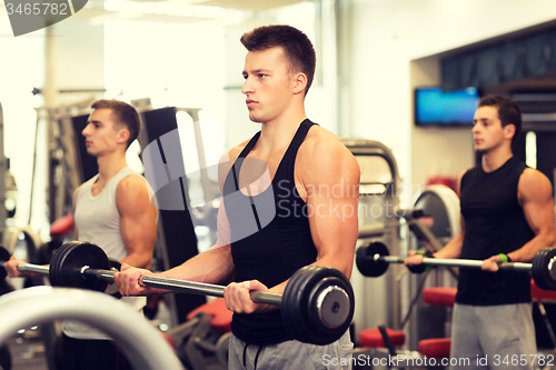 Image of group of men with barbells in gym