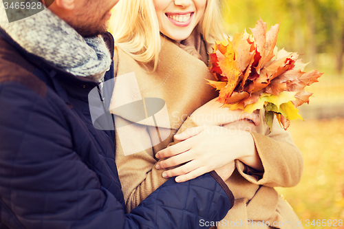 Image of close up of smiling couple hugging in autumn park