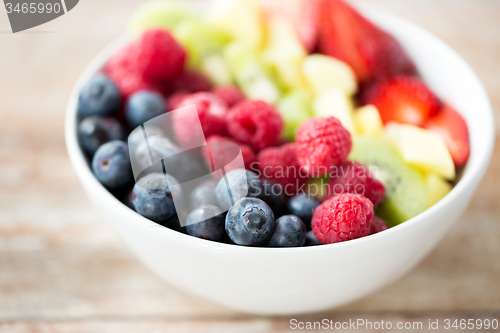 Image of close up of fruits and berries in bowl on table