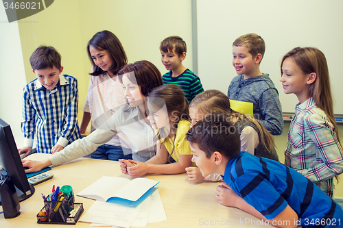 Image of group of kids with teacher and computer at school