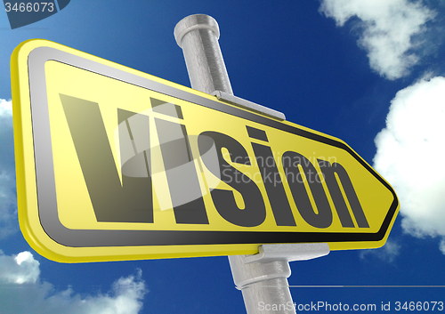 Image of Yellow road sign with vision word under blue sky